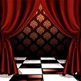 Load image into Gallery viewer, Laeacco Retro Red Silk Curtain Stage Backdrop 6.5x6.5ft Vinyl Damask Wall Brown Plaid Tile Floor Photography Background Live Show Performance Banner Singer Adult Child Portrait Photocall Event Shoot
