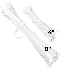 Load image into Gallery viewer, Pro-Grade, White Zip Ties Multisize Set of 100. High-Strength Cable Tie Pack Has 50x 4 and 8 UV-Resistant Nylon Fasteners. Durable Wraps For Storage, Organization and Wire Management
