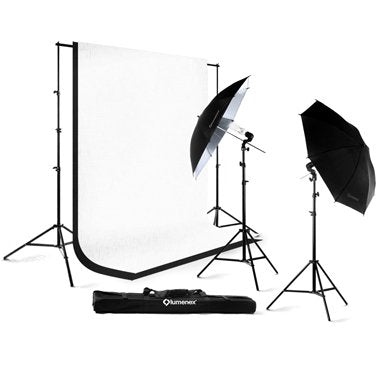 Lumenex Studio 280W Photography Lighting Light Kit + 10' x 10' 100% Cotton Black Muslin Backdrop Background + 10' x 10' 100% Cotton White Muslin Backdrop Background Photo Portrait Studio 32