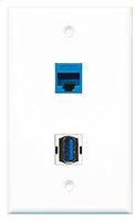 RiteAV - 1 Port Cat6 Ethernet Blue 1 Port USB 3 A-A Wall Plate - Bracket Included