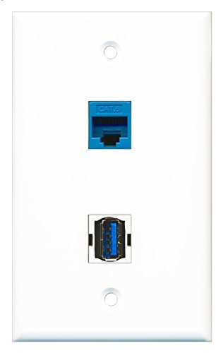 RiteAV - 1 Port Cat6 Ethernet Blue 1 Port USB 3 A-A Wall Plate - Bracket Included