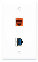RiteAV - 1 Port Cat6 Ethernet Orange 1 Port USB 3 A-A Wall Plate - Bracket Included