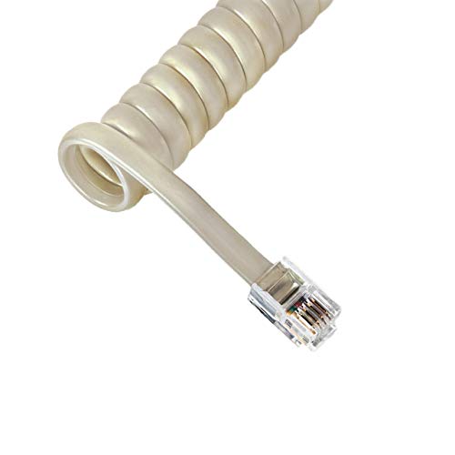 Coiled Telephone Handset Cord for Use with PBX Phone Systems, VoIP Telephones - 25 Ft Uncoiled, Rj22, 1.5 Inch Lead on Both Ends, Misty Cream