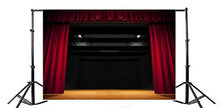Load image into Gallery viewer, Laeacco Modern Red Curtain Stage Backdrop 10x8ft Vinyl Bright Red Stage Valance Spotlight Wooden Floor Photography Background Performance Live Show Banner Singer Adult Child Portrait Shoot Photocall
