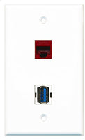 RiteAV - 1 Port Cat6 Ethernet Red 1 Port USB 3 A-A Wall Plate - Bracket Included
