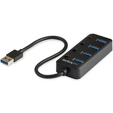 Load image into Gallery viewer, StarTech.com 4 Port USB 3.0 Hub - USB-A to 4x USB 3.0 Type-A with Individual On/Off Port Switches - SuperSpeed 5Gbps USB 3.1/3.2 Gen 1 - USB Bus Powered - Portable - 9.8&quot; Attached Cable (HB30A4AIB)
