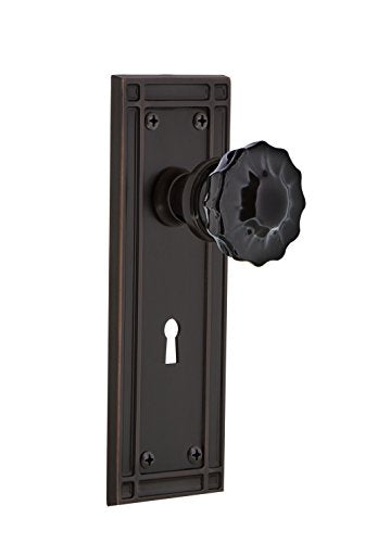 Nostalgic Warehouse 727405 Mission Plate with Keyhole Privacy Crystal Black Glass Door Knob in Timeless Bronze, 2.375
