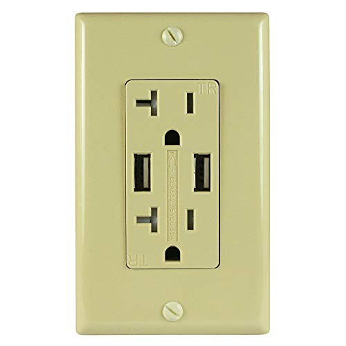USB Charger AC Outlet 5.0 Amp 2 Ports, Ivory, 1 Pack