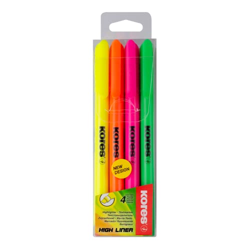 Kores High Liner Fine Highlighter Pens, Chisel Tip, Assorted Colours (Set of 4)