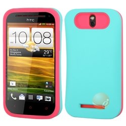 MYBAT Rubberized Teal Green/Hot Pink Card Wallet Back Protector Cover compatible with HTC One SV