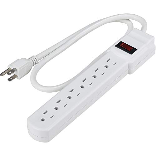 6 outlet Power Strip, 2.5' Cord, 14/3C, Lighted Switch, 15A, 125V,1875W, White, UL/CUL
