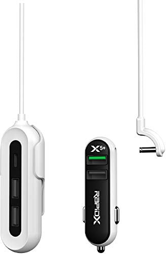 RapidX X5 Plus Car Charger 5 USB Ports QC 3.0/Type C Black on White
