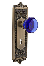Load image into Gallery viewer, Nostalgic Warehouse 721576 Egg &amp; Dart Plate with Keyhole Passage Waldorf Cobalt Door Knob in Antique Brass, 2.75
