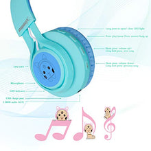 Load image into Gallery viewer, Kids Headphones, Riwbox CT-7S Cat Ear Bluetooth Headphones 85dB Volume Limiting,LED Light Up Kids Wireless Headphones Over Ear with Microphone for Laptop/PC/TV(Blue&amp;Green)
