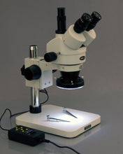 Load image into Gallery viewer, AmScope SM-1TSZ-144A-3M Digital Professional Trinocular Stereo Zoom Microscope, WH10x Eyepieces, 3.5X-90X Magnification, 0.7X-4.5X Zoom Objective, Four-Zone LED Ring Light, Pillar Stand, 110V-240V, In
