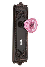 Load image into Gallery viewer, Nostalgic Warehouse 722815 Egg &amp; Dart Plate with Keyhole Single Dummy Crystal Pink Glass Door Knob in Timeless Bronze

