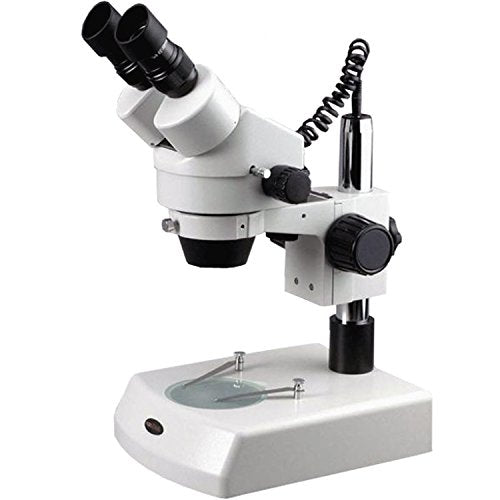 AmScope SM-2BZ Professional Binocular Stereo Zoom Microscope, WH10x Eyepieces, 3.5X-90X Magnification, 0.7X-4.5X Zoom Objective, Upper and Lower Halogen Lighting, Pillar Stand, 110V-120V, Includes 0.5