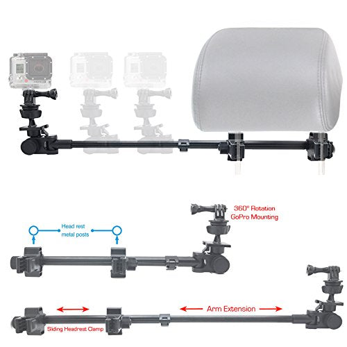ChargerCity GoPro Fusion Session Hero7 Hero6 Hero 7 6 5 4 3 Secure Dual Post Lock Telescopic Headrest Mount with Sliding Aluminum arm (Compatible with All Gopro Hero/Session Camera case)