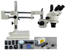 Load image into Gallery viewer, OMAX 3.5X-90X Digital Zoom Trinocular Dual-Bar Boom Stand Stereo Microscope with Cold Ring Fiber Light and 2.0MP USB Camera
