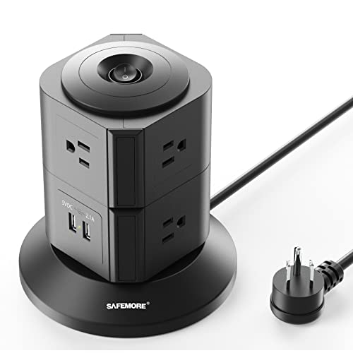 Power Strip Tower with 7 Multiple Plug Outlets 2 USB Ports, Desktop USB Outlet Extender Electric Charging Station for Home & Office (Black)--SAFEMORE