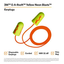 Load image into Gallery viewer, 3M Ear Plugs, 200/Box, E-A-Rsoft Yellow Neon Blasts 311-1252, Corded, Disposable, Foam, NRR 33, Drilling, Grinding, Machining, Sawing, Sanding, Welding, 1/Poly Bag
