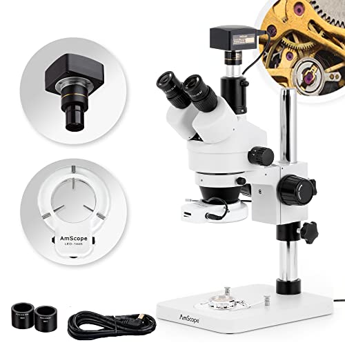 AmScope SM-1TSZZ-144S-5M Digital Professional Trinocular Stereo Zoom Microscope, WH10x and WH20x Eyepieces, 3.5X-180X Magnification, 0.7X-4.5X Zoom Objective, 144-Bulb LED Ring Light, Pillar Stand, 11