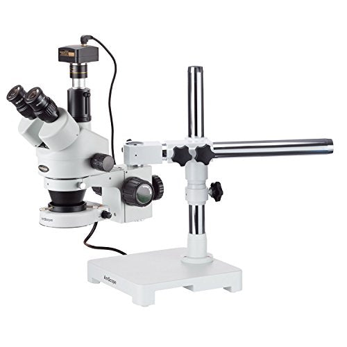 AmScope SM-3TZ-80S-3M Digital Professional Trinocular Stereo Zoom Microscope, WH10x Eyepieces, 3.5X-90X Magnification, 0.7X-4.5X Zoom Objective, 80-Bulb LED Ring Light, Single-Arm Boom Stand, 90V-265V