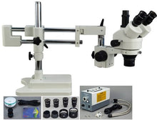 Load image into Gallery viewer, OMAX 2X-90X Digital Zoom Trinocular Dual-Bar Boom Stand Stereo Microscope with Cold Y-Type Gooseneck Fiber Light and 2.0MP USB Camera
