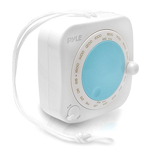 Pyle PSR7 Splash Proof Water Resistant Mini AM/FM Radio with Hanging Strap, Rotary Volume Control, Manual Tuner