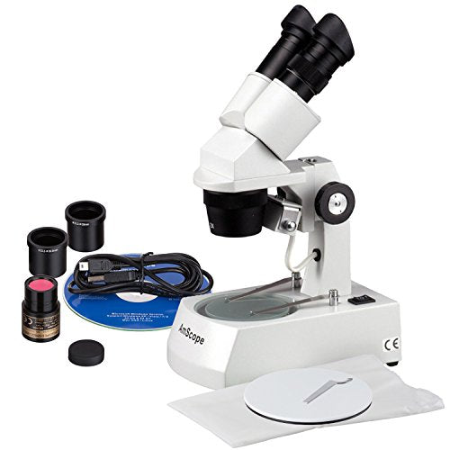 AmScope SE306-A-E Digital Binocular Stereo Microscope, WF10x Eyepieces, 20X and 40X Magnification, 2X and 4X Objectives, Upper and Lower Halogen Lighting, Reversible Black/White Stage Plate, Arm Stand