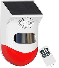Load image into Gallery viewer, Solar Alarm Light with Motion Detector, Solar Sound &amp; Light Alarm with Remote,120dB Sound Security Siren Light, IP65 Waterproof Solar Strobe Light Protect Home,Farm,Outside Property
