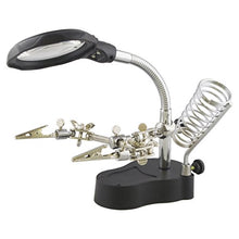 Load image into Gallery viewer, Helping Hand Project Holder Soldering Aid with Flexible 3.5x Magnifying Lens, LED Lights, and Soldering Iron Holder - by Electronix Express

