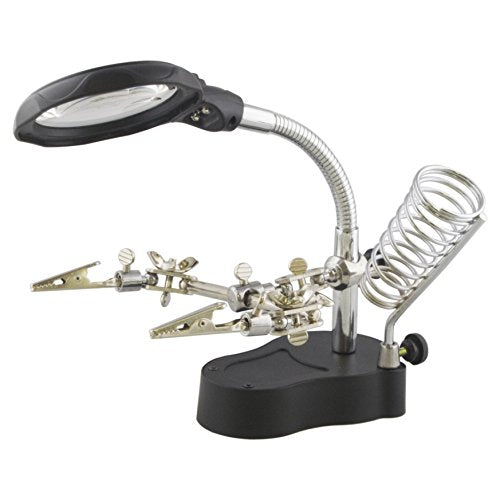 Helping Hand Project Holder Soldering Aid with Flexible 3.5x Magnifying Lens, LED Lights, and Soldering Iron Holder - by Electronix Express