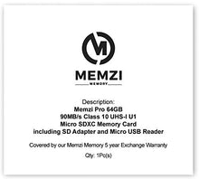 Load image into Gallery viewer, MEMZI PRO 64GB 90MB/s Class 10 Micro SDXC Memory Card with USB Reader for GoPro Hero7, Hero6, Hero5, Hero 7/6/5, Hero 2018, Hero5/Hero4 Session, Hero 4/5 Session, Hero Session Action Cameras
