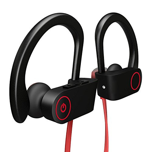 Wireless Bluetooth Neckband Headphones, U8 Ear Sweatproof Sport Earphones with Ear Hooks, Noise Cancelling, Stereo Headset with Mic, Premium Bass Sound, Sweat Proof, Sport Gym, Black Red