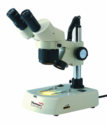 Thomas 1100200800261FGT Stereo Binocular Microscope with Dual Halogen Stand and Fluorescent, 10x Widefield Eyepiece, 2x+4x Magnification, 360 Degree Viewing Angle