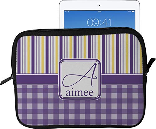 Purple Gingham & Stripe Tablet Case/Sleeve - Large (Personalized)