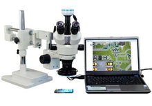 Load image into Gallery viewer, OMAX 2X-90X Digital Zoom Trinocular Dual-Bar Boom Stand Stereo Microscope with 2.0MP USB Camera and 144 LED Ring Light with Light Control Box
