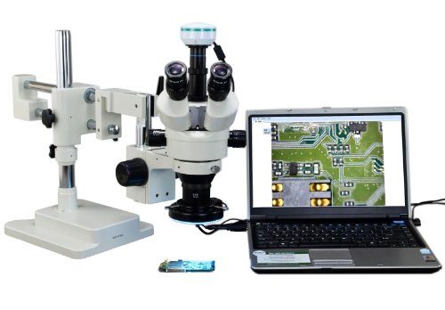 OMAX 2X-90X Digital Zoom Trinocular Dual-Bar Boom Stand Stereo Microscope with 2.0MP USB Camera and 144 LED Ring Light with Light Control Box