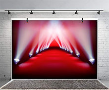 Load image into Gallery viewer, Laeacco Red Stage Tunnel Backdrop 10x8ft Vinyl Splendid Shiny Spotlights Long Red Carpet Photography Background Live Show Performance Banner Singer Portrait Shoot
