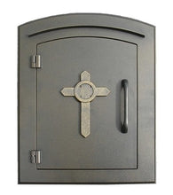 Load image into Gallery viewer, Qualarc MAN-1403-BZ Manchester Column Mount Mailbox with&quot;Decorative Cross Logo&quot; in Bronze
