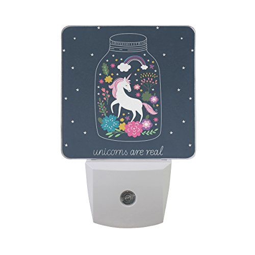 Naanle Set of 2 Unicorns are Real Rainbow Star Floral Bottle Auto Sensor LED Dusk to Dawn Night Light Plug in Indoor for Adults
