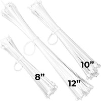 Pro-Grade, White Zip Ties Multisize Set of 150. High-Strength Cable Tie Pack Has 50x 8 10 12 inch UV-Resistant Nylon Fasteners. Durable Wraps For Storage, Organization and Wire Management