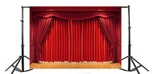 Load image into Gallery viewer, Laeacco Red Curtain Stage Backdrop 10x8&#39; Vinyl Closing Red Curtains Stage Wood Grain Tile Floor Spotlights Photography Background Studio Child Adult Portrait Shoot Chorus Show Party Banner
