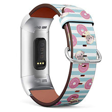 Load image into Gallery viewer, Replacement Leather Strap Printing Wristbands Compatible with Fitbit Charge 3 / Charge 3 SE - Pink Pattern with Fitbit Funny Pug and Donut
