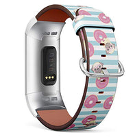 Replacement Leather Strap Printing Wristbands Compatible with Fitbit Charge 3 / Charge 3 SE - Pink Pattern with Fitbit Funny Pug and Donut