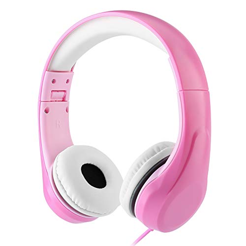 [Volume Limited] KPTEC Kids Safety Foldable Stereo Headphones,3.5mm Jack Wired Cord Earbuds, Volume Controlled at 85dB On/Over Ear Children Toddler Headset, for iPad Kindle Airplane School, Pink