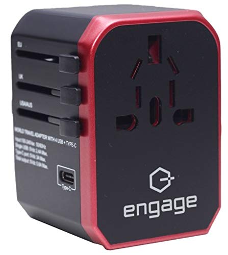 Engage All in One compact international power travel adapter fast wall charging cover 150+ countries (EU, USA, UK, ANZ plug) 4 USB + type C ports portable travel charger for all devices