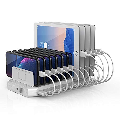 iPad Charging Station, Unitek 96W 10-Port USB Charging Dock Hub with Quick Charge 3.0, Charging Stand Compatible Multiple Device, Charging 8 iPads Simultaneously - White [Upgraded Divider]