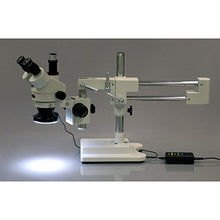Load image into Gallery viewer, AmScope SM-4TY-144A Professional Trinocular Stereo Zoom Microscope, WH10x Eyepieces, 7X-90X Magnification, 0.7X-4.5X Zoom Objective, Four-Zone LED Ring Light, Double-Arm Boom Stand, 110V-240V, Include
